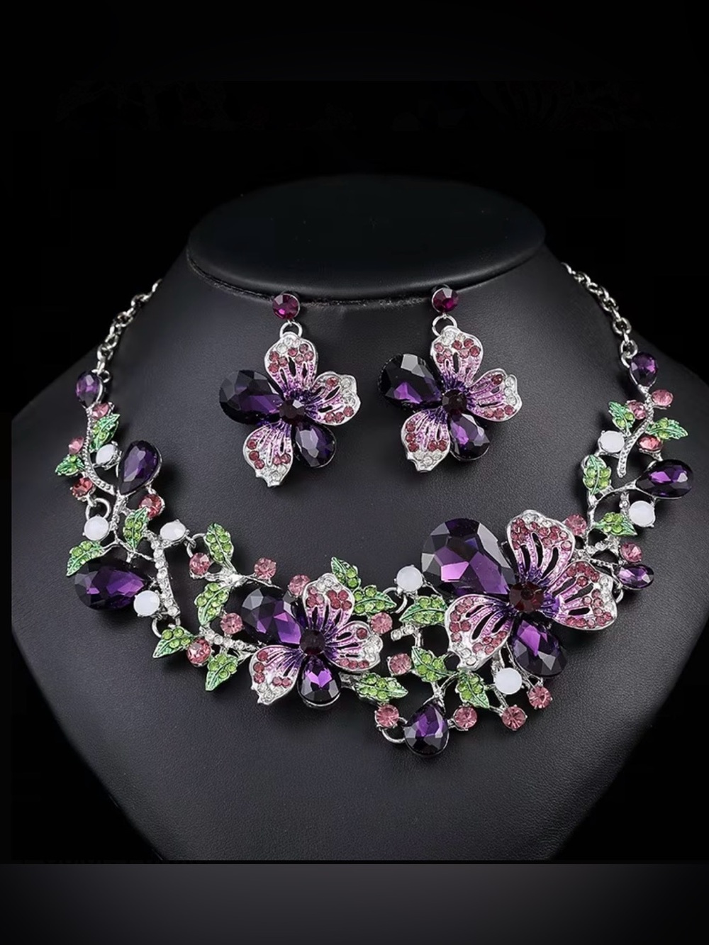 Elegant Purple Floral Crystal Necklace and Earring Set - Picture 2 of 3